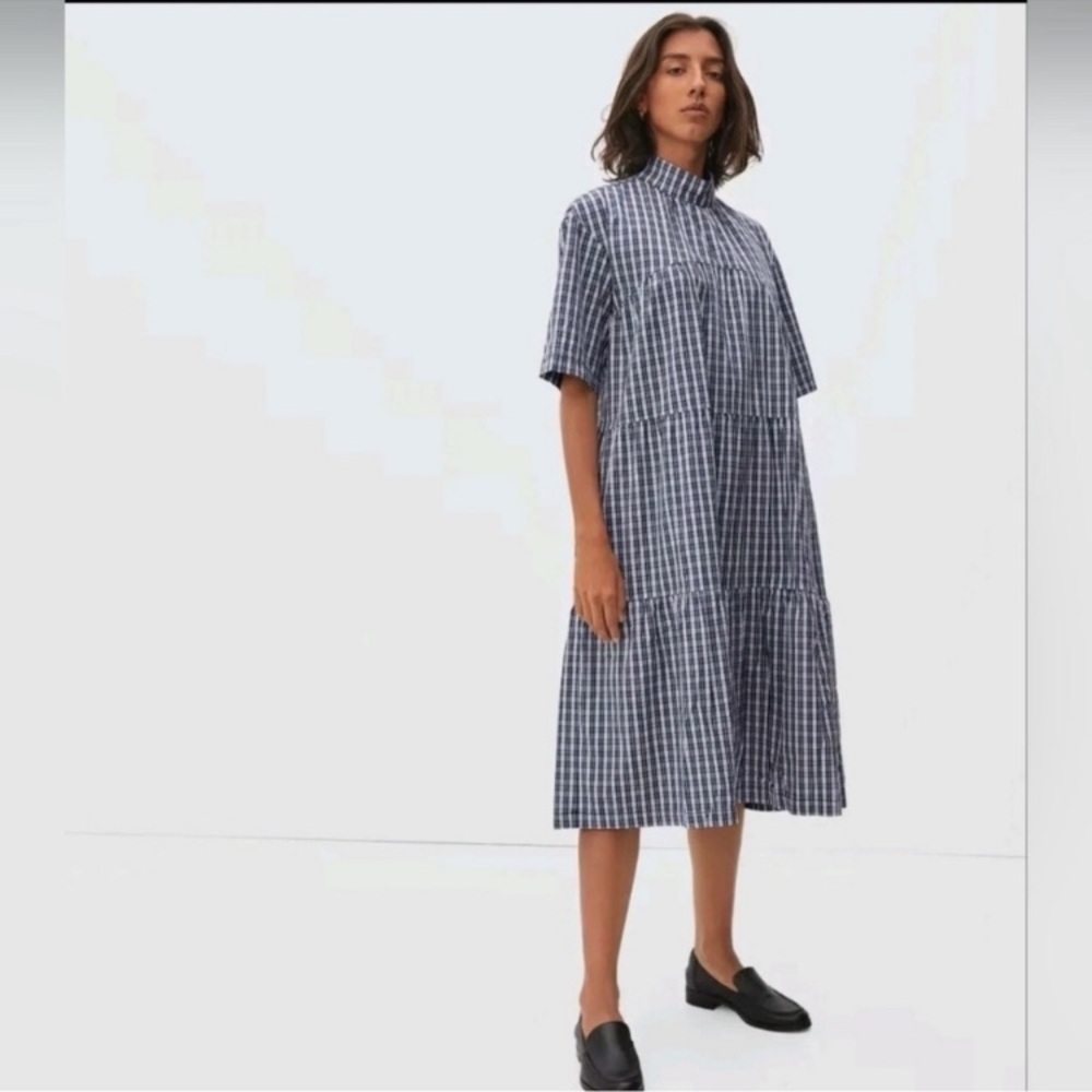 Everlane | The Tiered Mockneck Dress Blue Plaid Size Small
